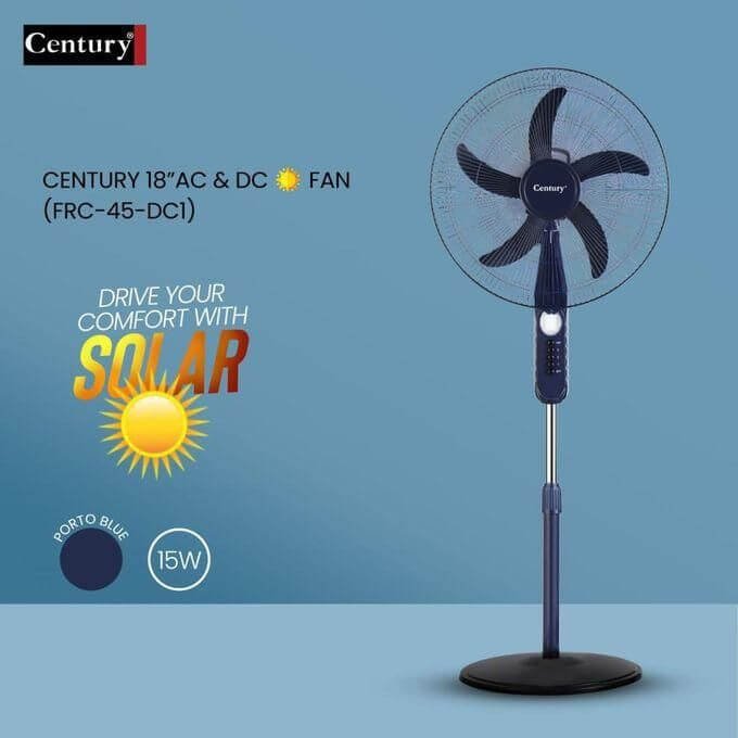 Century FRC-45-DC2 18-Inch Solar Fan – AC/DC with 20W Panel & LED